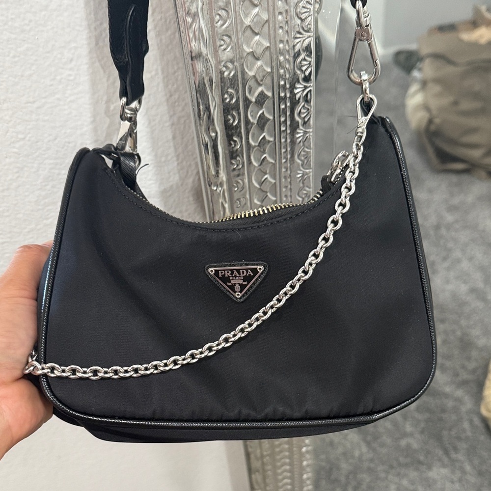 Prada Black Nylon Shoulder Bag with Silver Chain